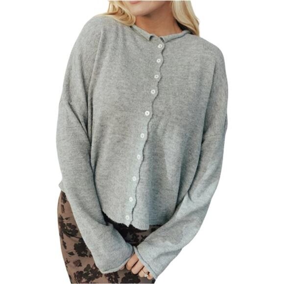 Women's Crew Neck Casual Cardigan Sweater Light Grey - Picture 1 of 5